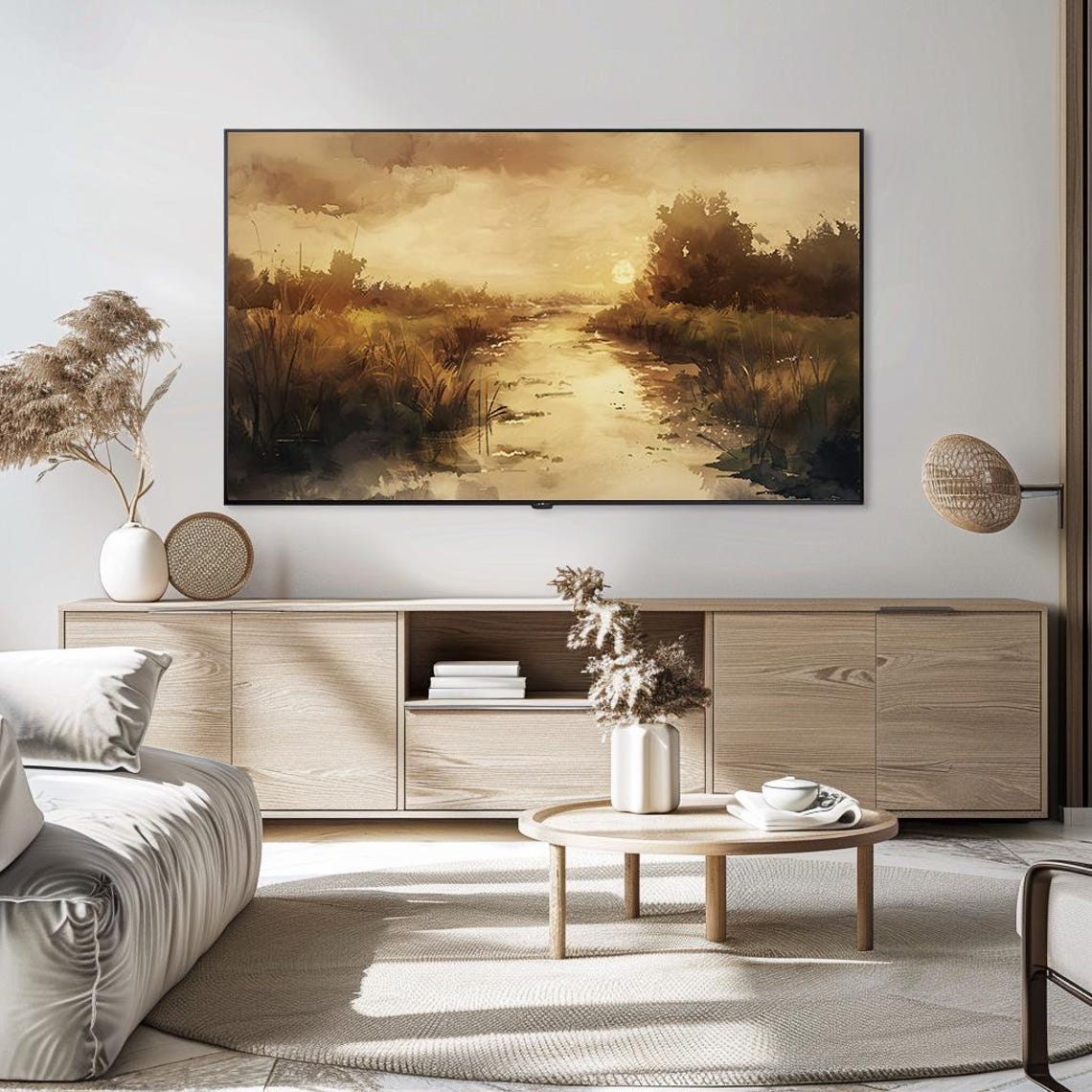 Golden Sunset Marsh River Winding Water Reflections Watercolor Poster - Image 5