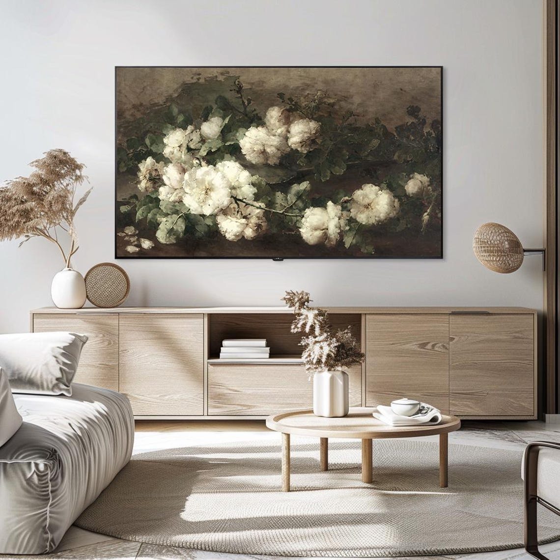 White Peonies Dark Moody Vintage Floral Still Life Art Poster - Image 5