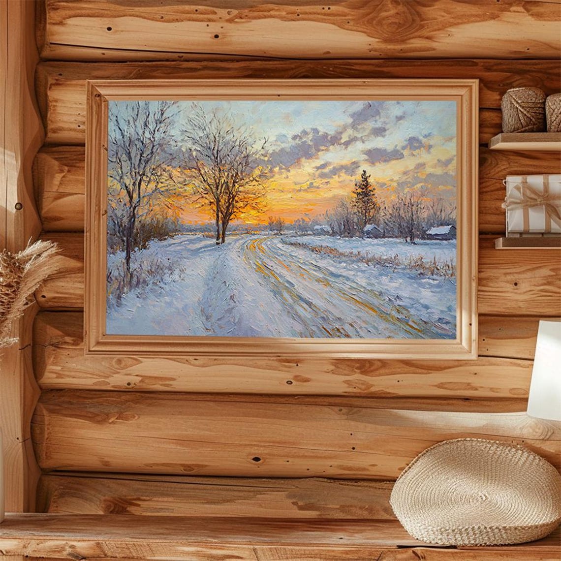 Winter Sunset Snow Road Golden Light Impressionist Painting Poster - Image 4