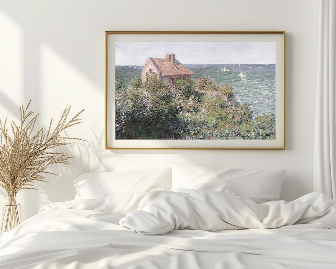 Seaside Cottage Cliff Overlook Sailboats Impressionist Art Poster - Image 2
