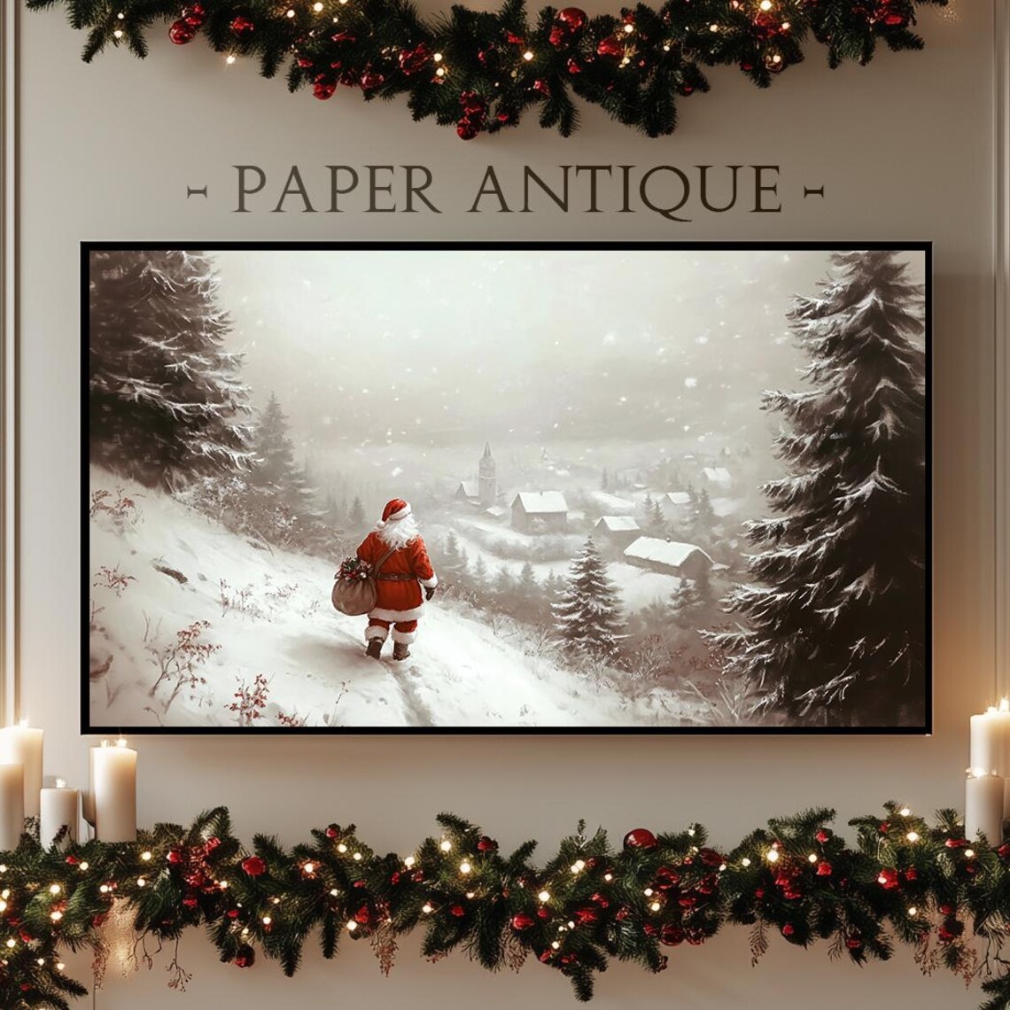 Santa Walking Toward Snowy Village Church Winter Landscape Poster