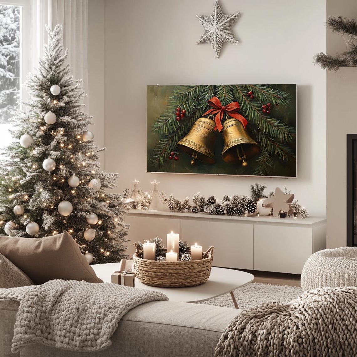 Golden Christmas Bells With Red Bow On Pine Branches Holiday Poster - Image 5