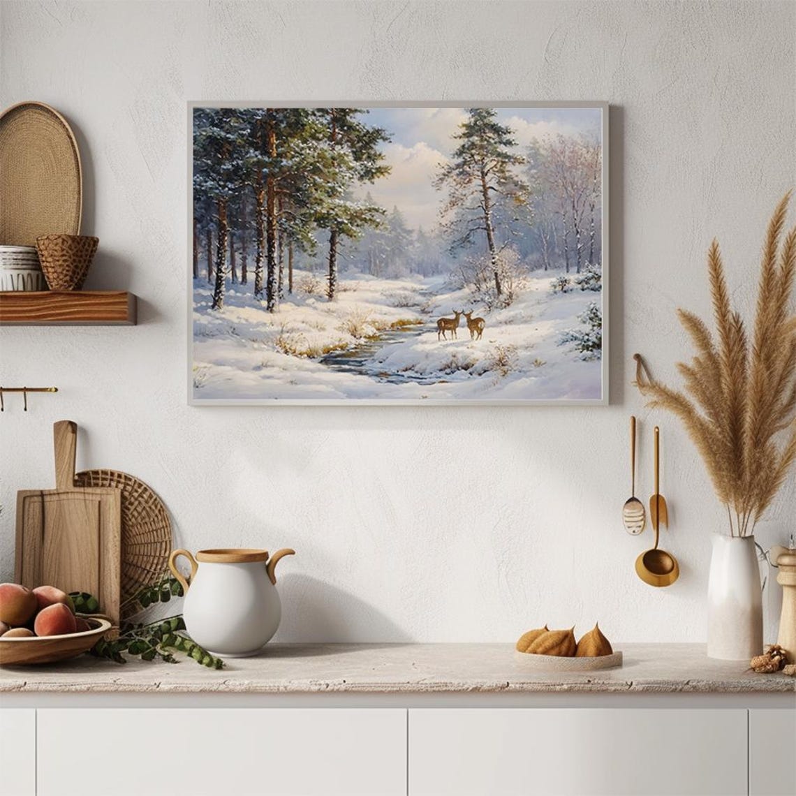 Deer by Stream Snowy Forest Realistic Winter Painting Poster - Image 4