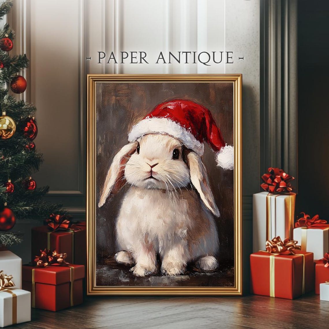 Cute Bunny In Santa Hat Adorable Holiday Decor Charming Animal Art Print Wall Decor Ls