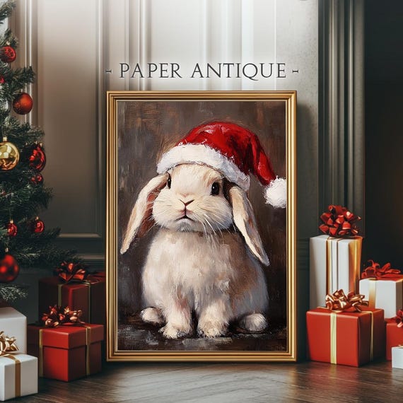Cute Bunny In Santa Hat Adorable Holiday Decor Charming Animal Art Print Wall Decor Ls