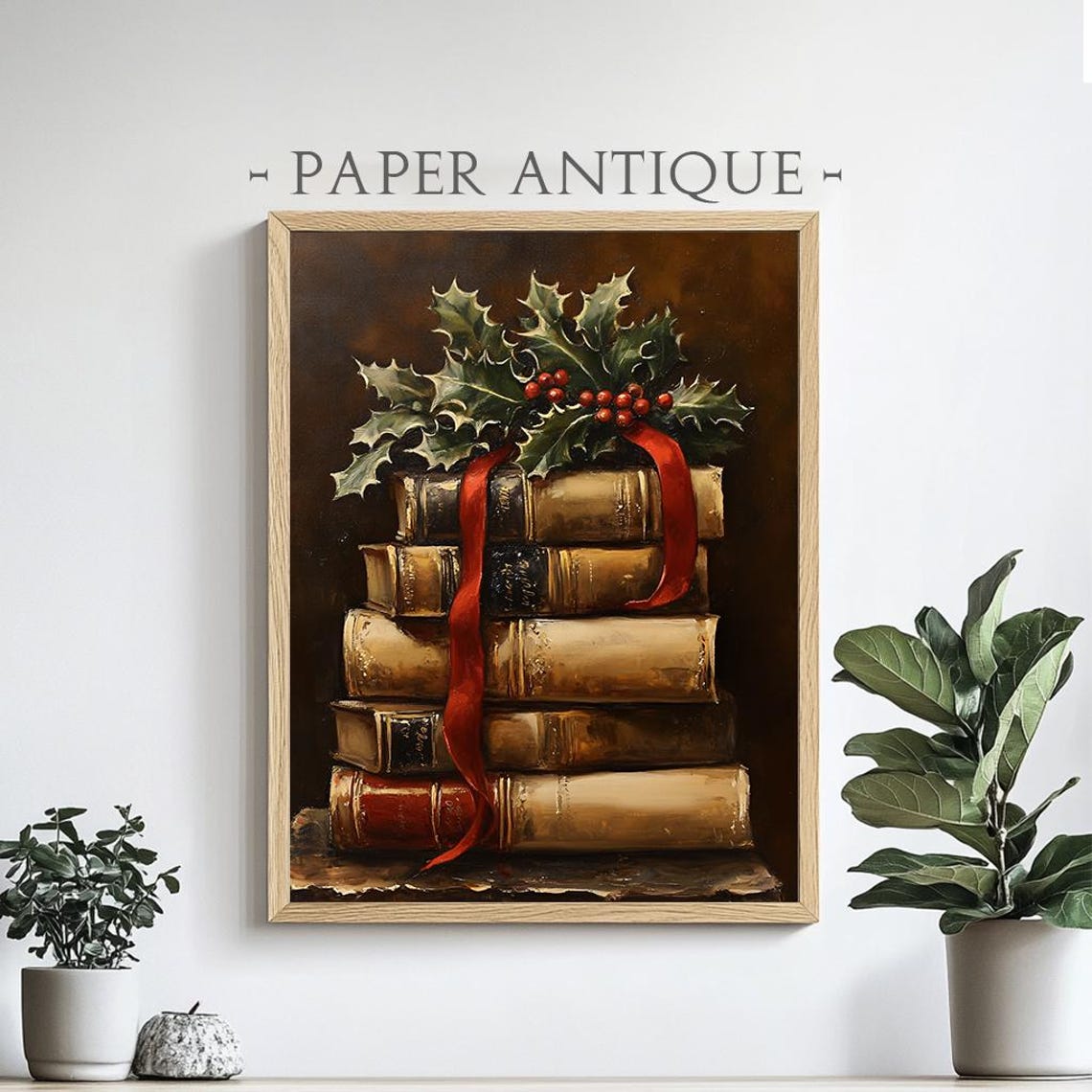 Antique Books Stack with Holly Berries Red Ribbon Christmas Poster