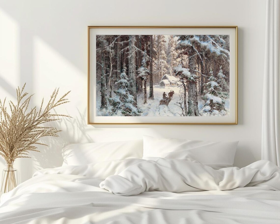 Snowy Forest Cabin Horse Sleigh Vintage Winter Landscape Poster - Image 2