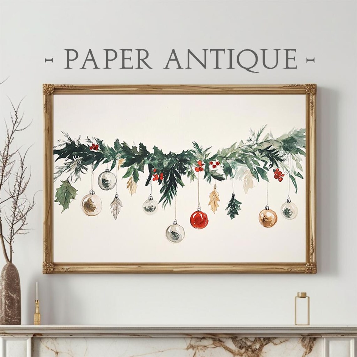 Christmas Garland With Ornaments Watercolor Holiday Botanical Poster