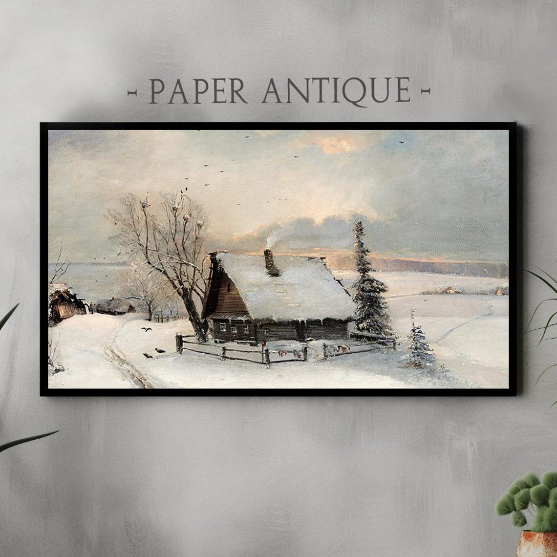 Snowy Winter Cottage Smoke Chimney Rustic Snowfield Painting Poster