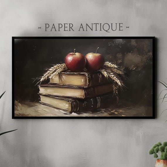 Frame Tv Art Rustic Still Life Apples Wheat And Vintage Books Oil Painting Elegant Farmhouse Artwork Art For Frame Tv