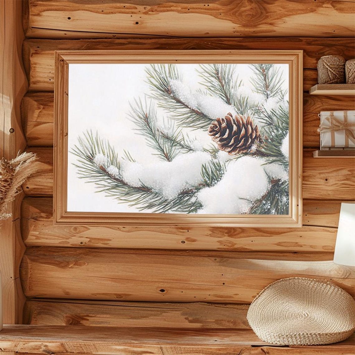 Snowy Pine Branch with Pinecone Winter Botanical Study Poster - Image 4