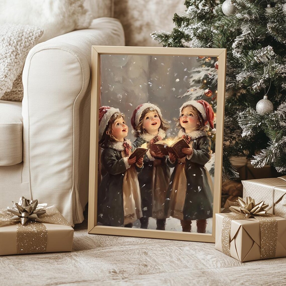 Three Children Caroling In The Snow Vintage Christmas Choir Poster - Image 3