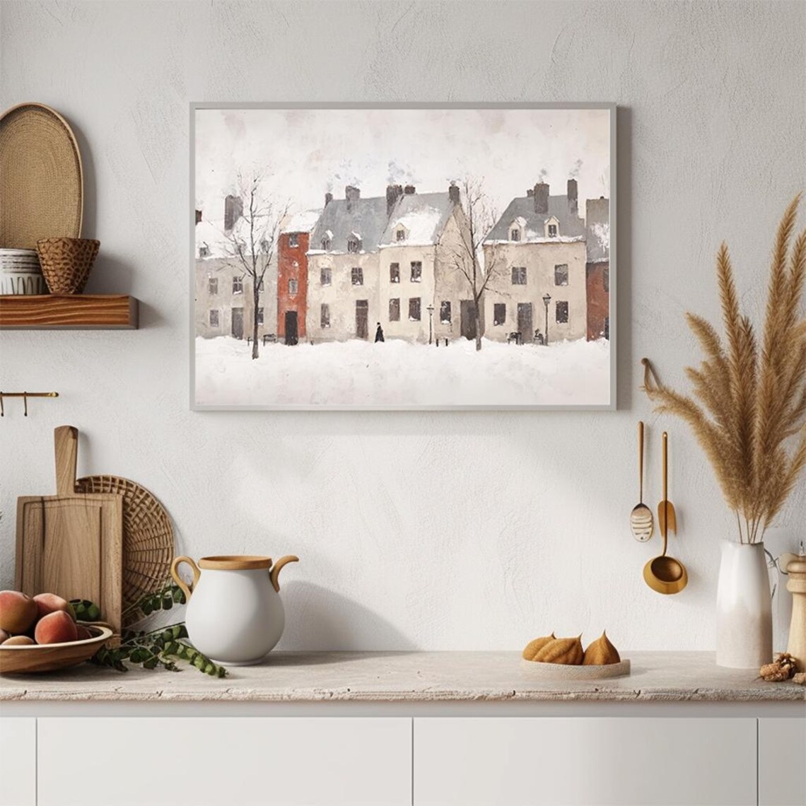 Snowy Village Street with Row Houses Cozy Winter Folk Art Poster - Image 2