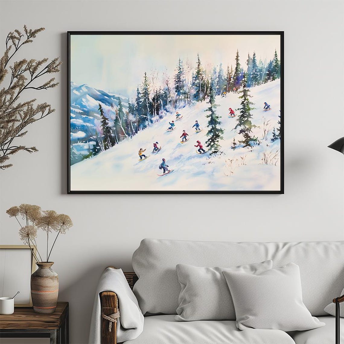 Skiers on Snowy Mountain Slope Watercolor Winter Sports Scene Poster - Image 5