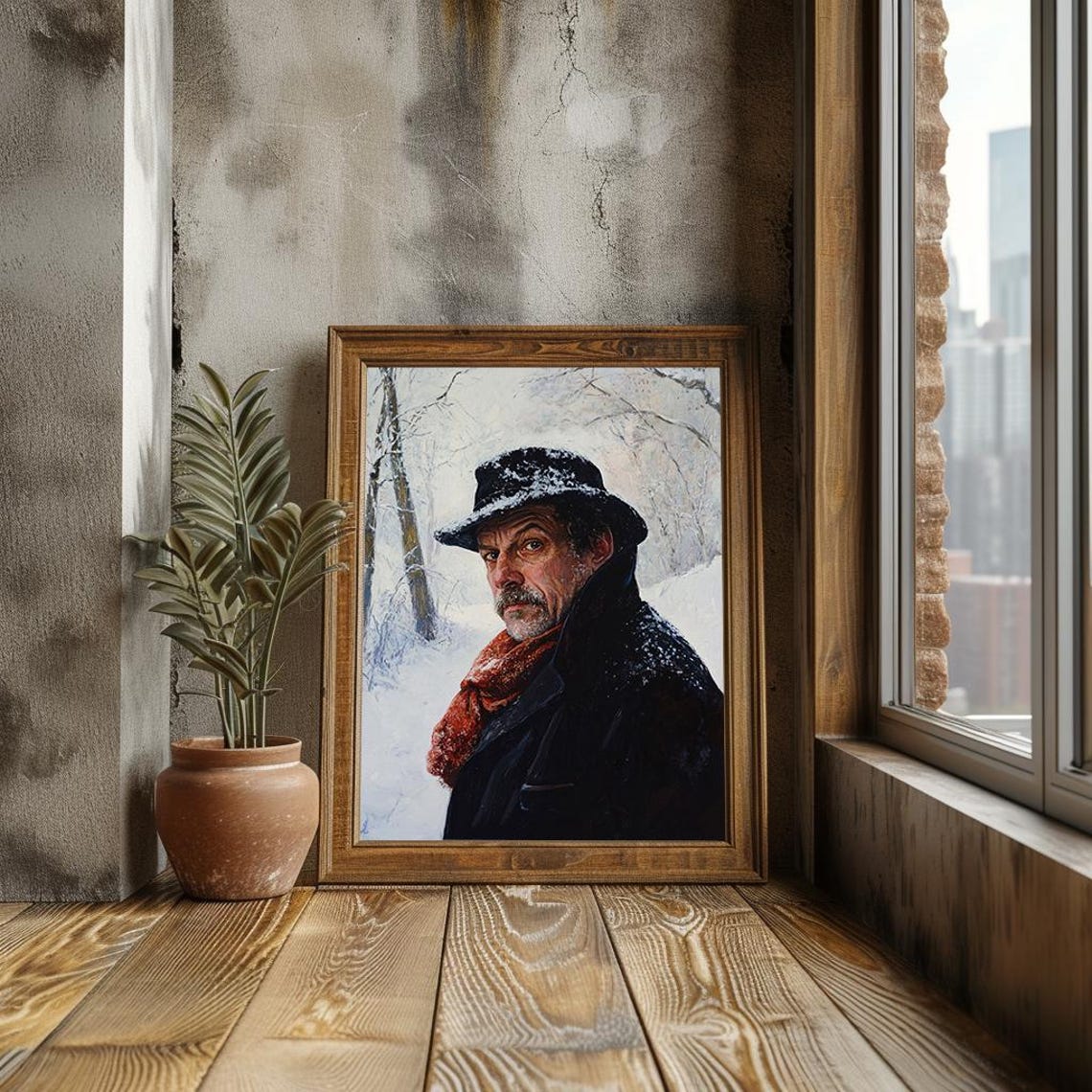 Man In Snowy Winter Red Scarf Moody Portrait Painting Poster - Image 3