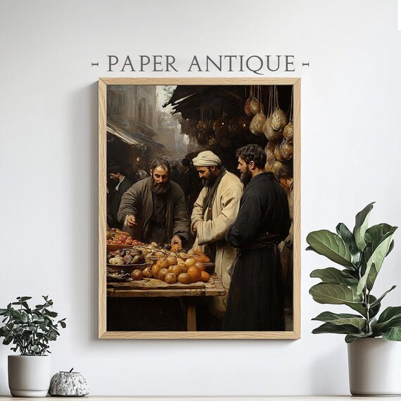 Traditional Market Scene Oil Painting Men Selling Fruits Historic Street Market Art Decor Rustic Vintage Wall Art Pt