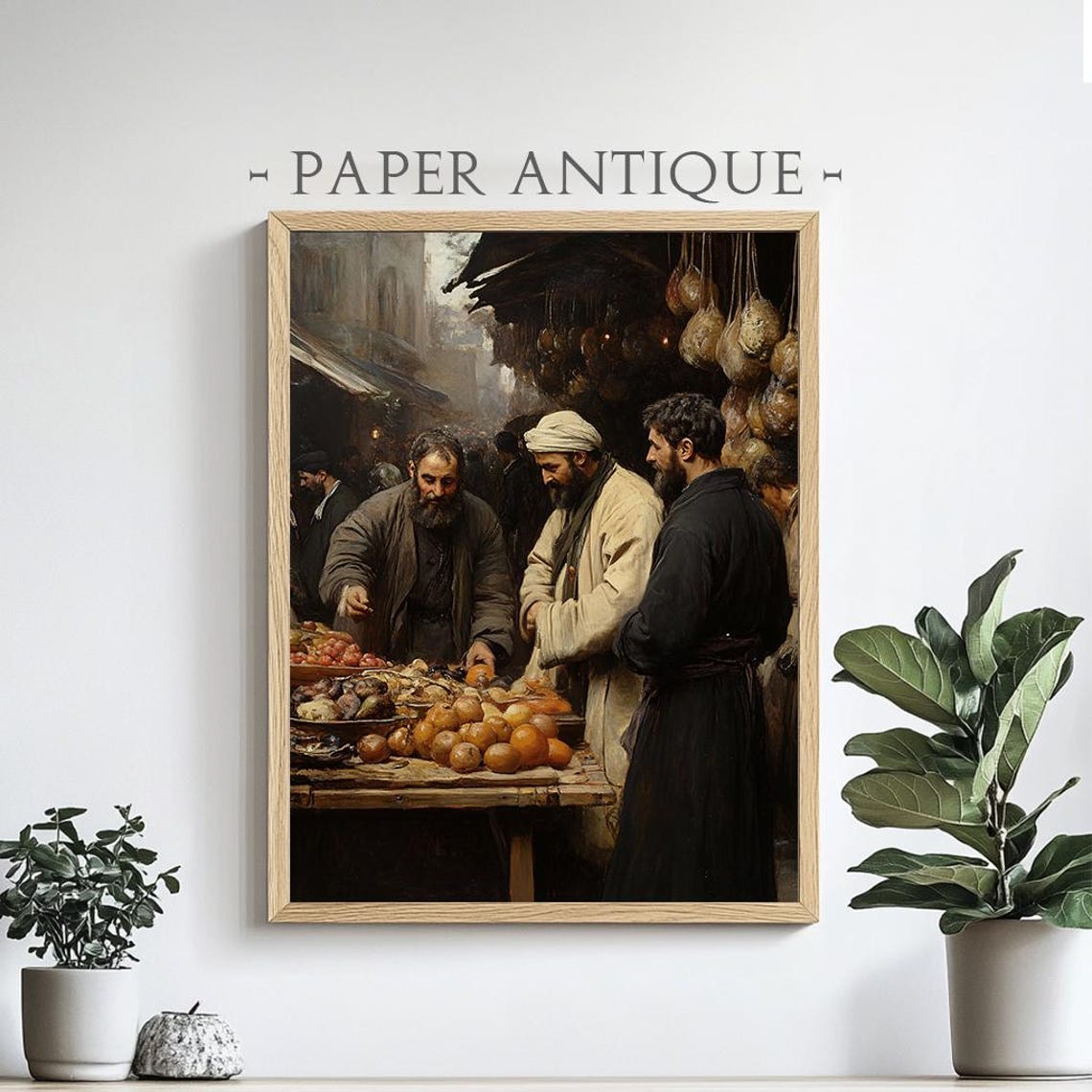 Traditional Bazaar Market Scene Men Selling Fruit Oil Poster