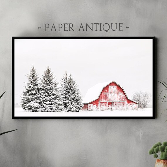 Snowy Red Barn With Evergreen Trees Bright Winter Panorama Poster