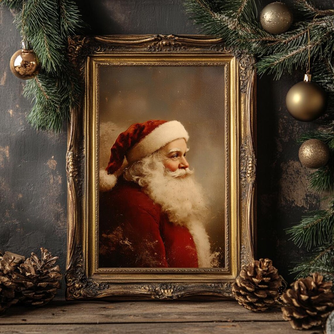 Santa Claus In Red Suit Profile Portrait Moody Vintage Painting Poster - Image 4