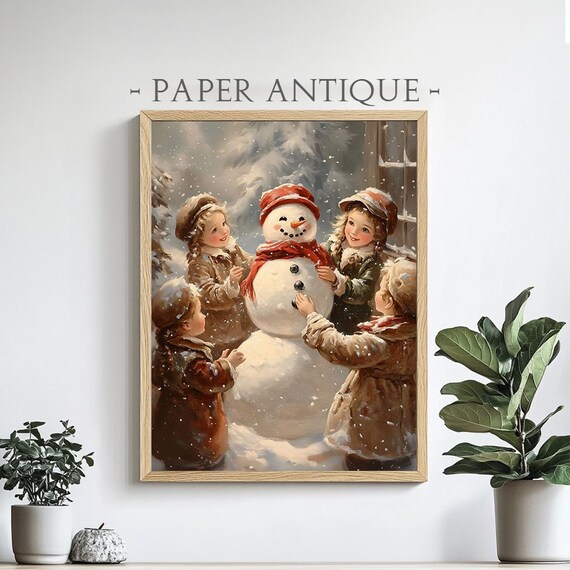 Children Building Snowman in Falling Snow Vintage Style Christmas Poster