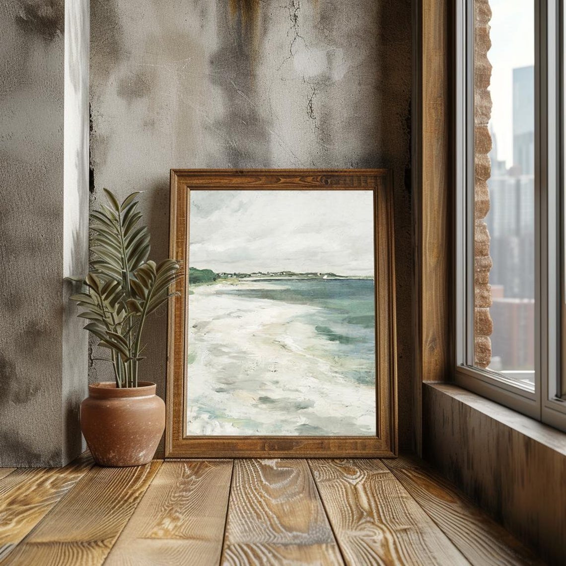 Soft Beach Shoreline Pale Green Watercolor Coastal Painting Poster - Image 3
