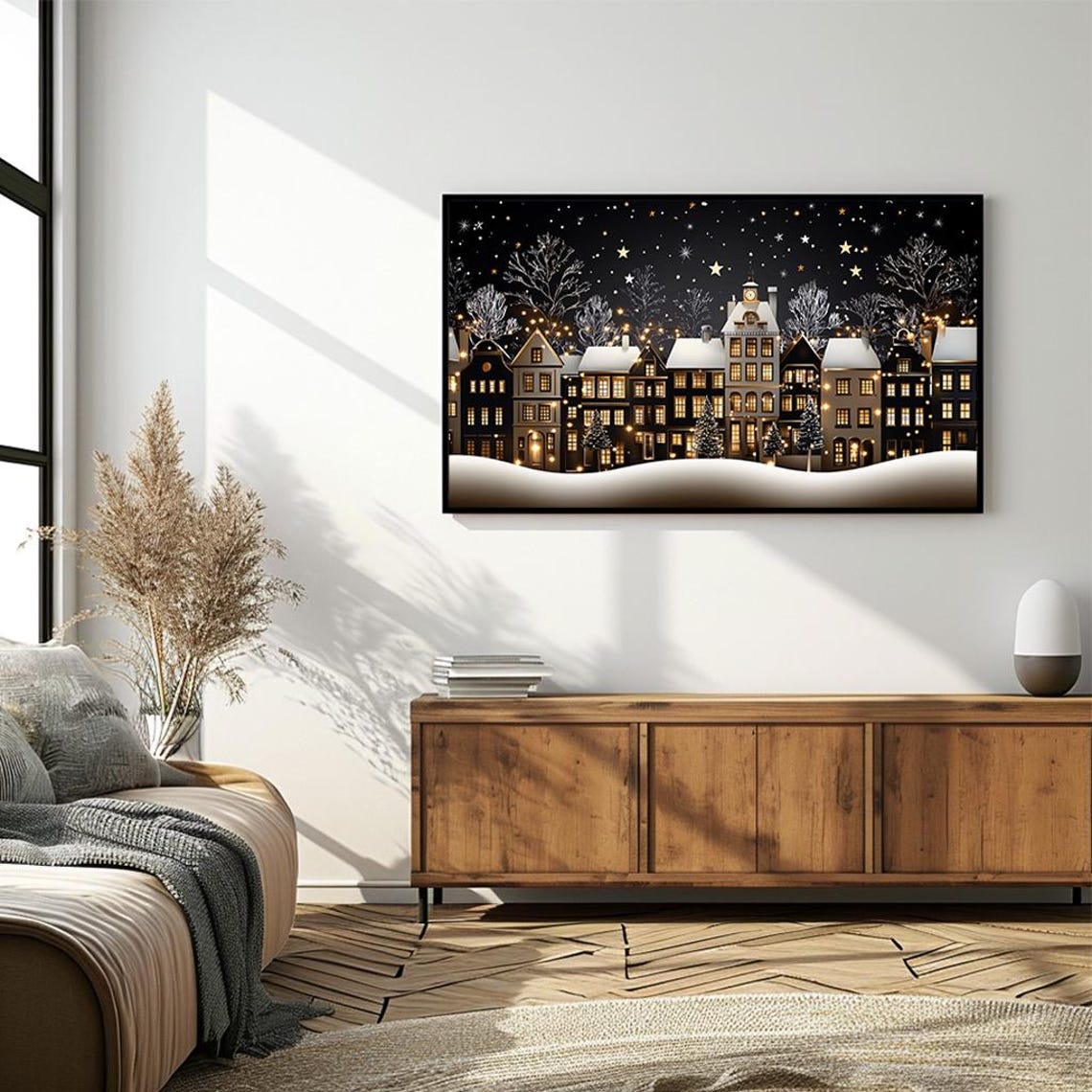 Snowy Christmas Village Night Golden Windows Silhouette Poster - Image 4