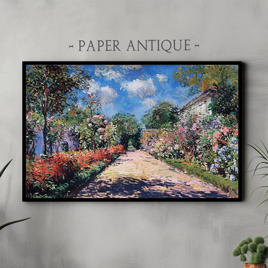 Impressionist Flower Garden Path under Bright Blue Sky Poster