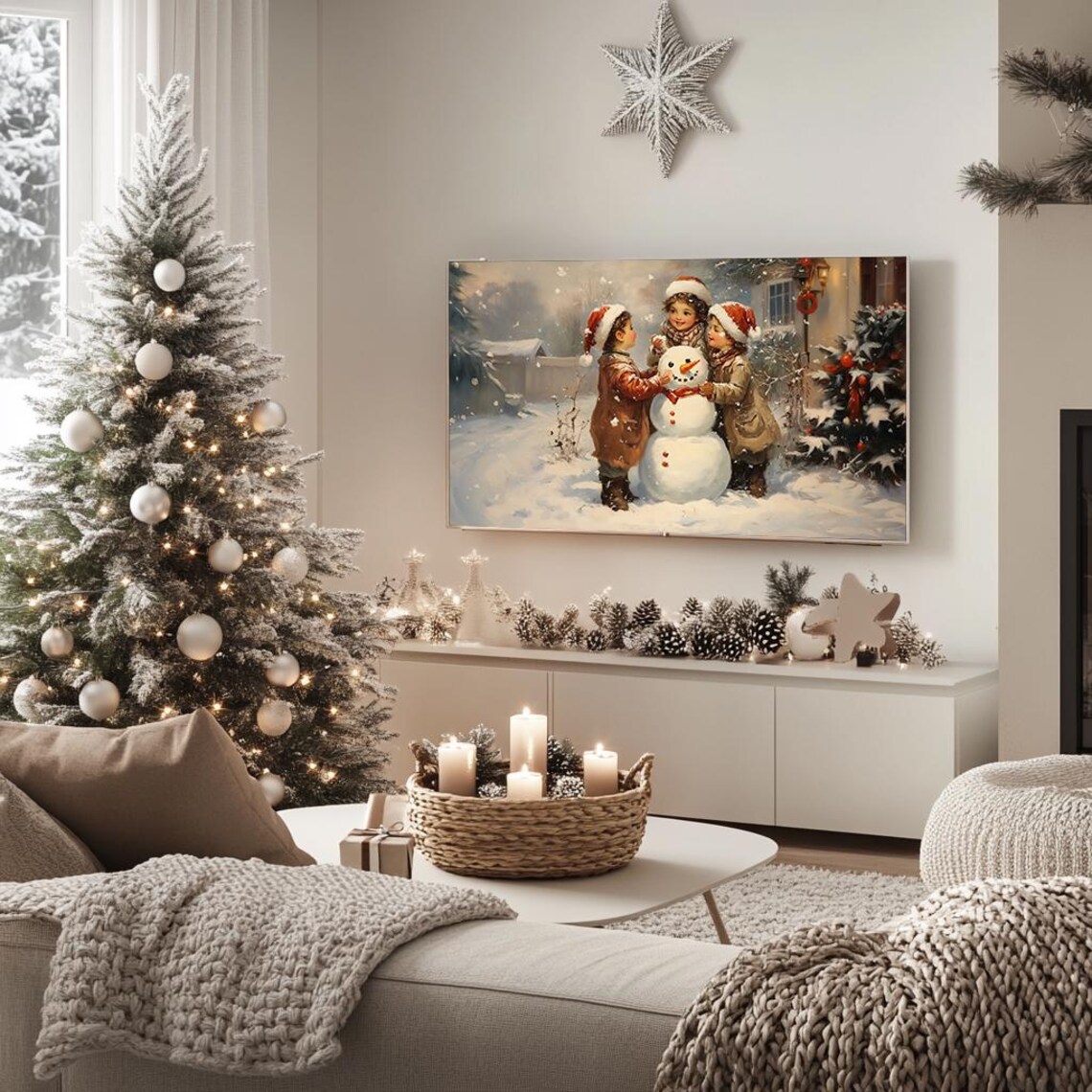 Children Building Snowman Vintage Cozy Christmas Painting Poster - Image 5
