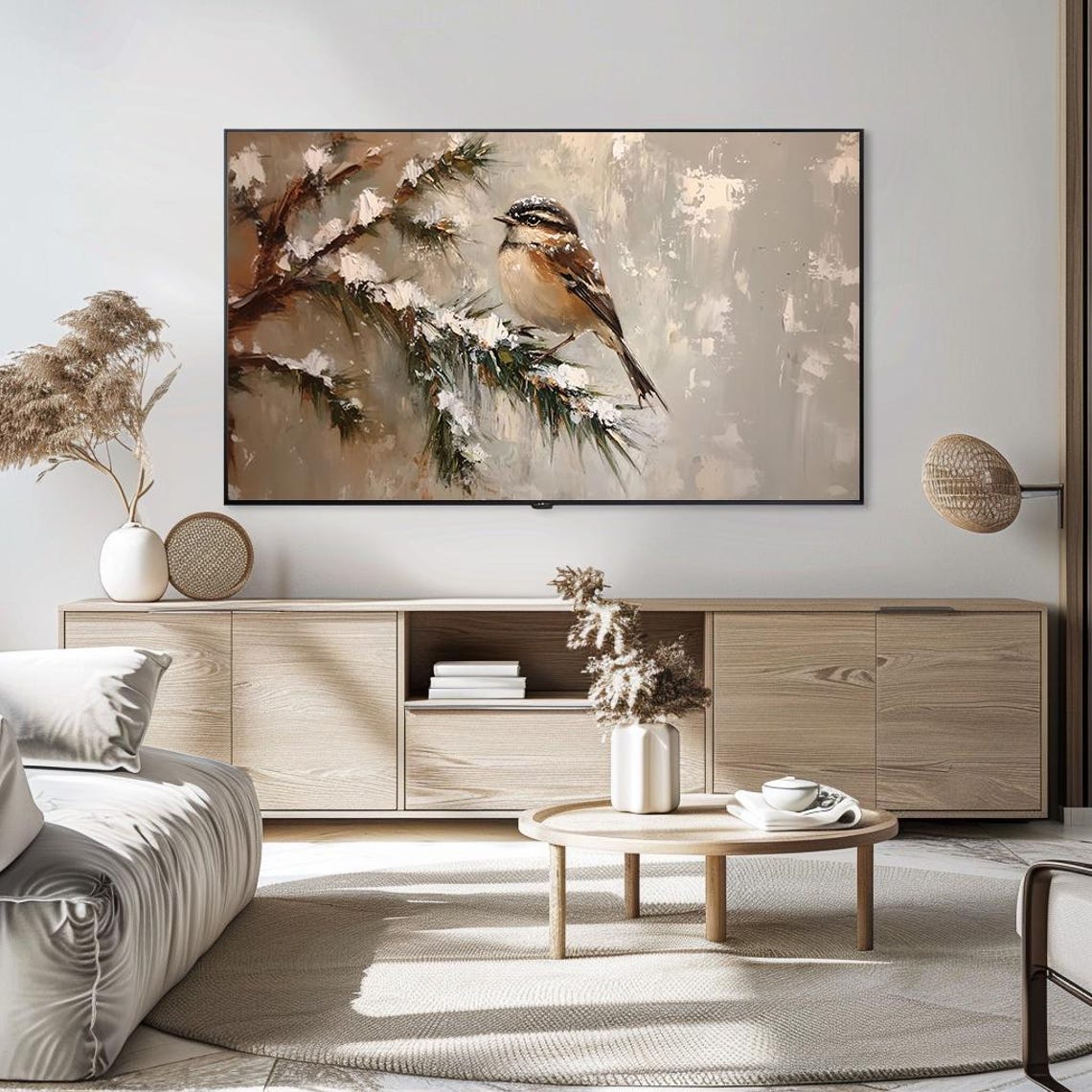 Winter Songbird On Snowy Pine Branch Serene Oil Painting Poster - Image 5