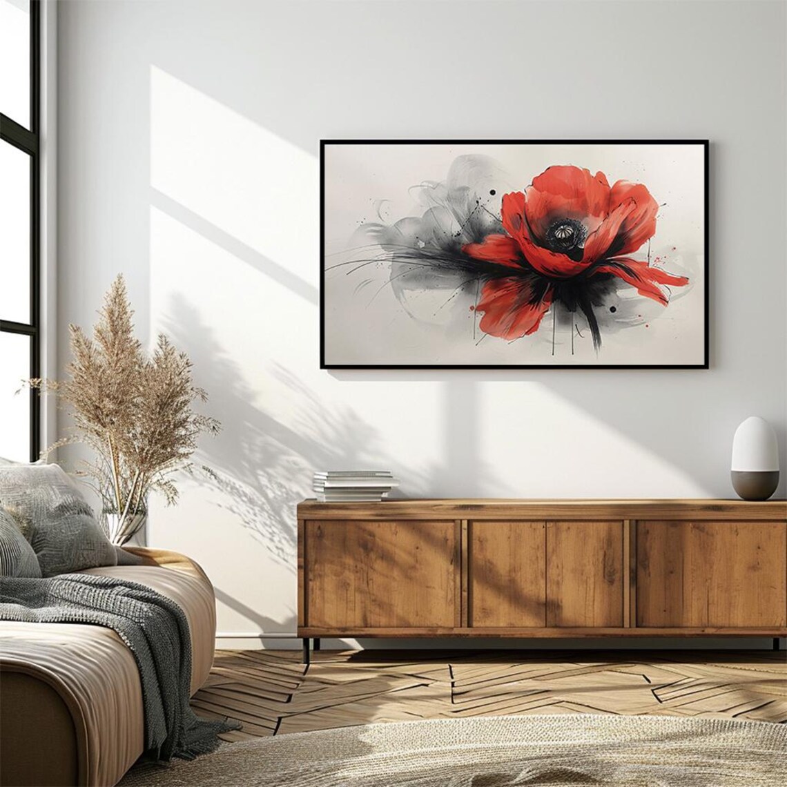 Red Poppy Watercolor Ink Bold Flower Art on Cream Background Poster - Image 3
