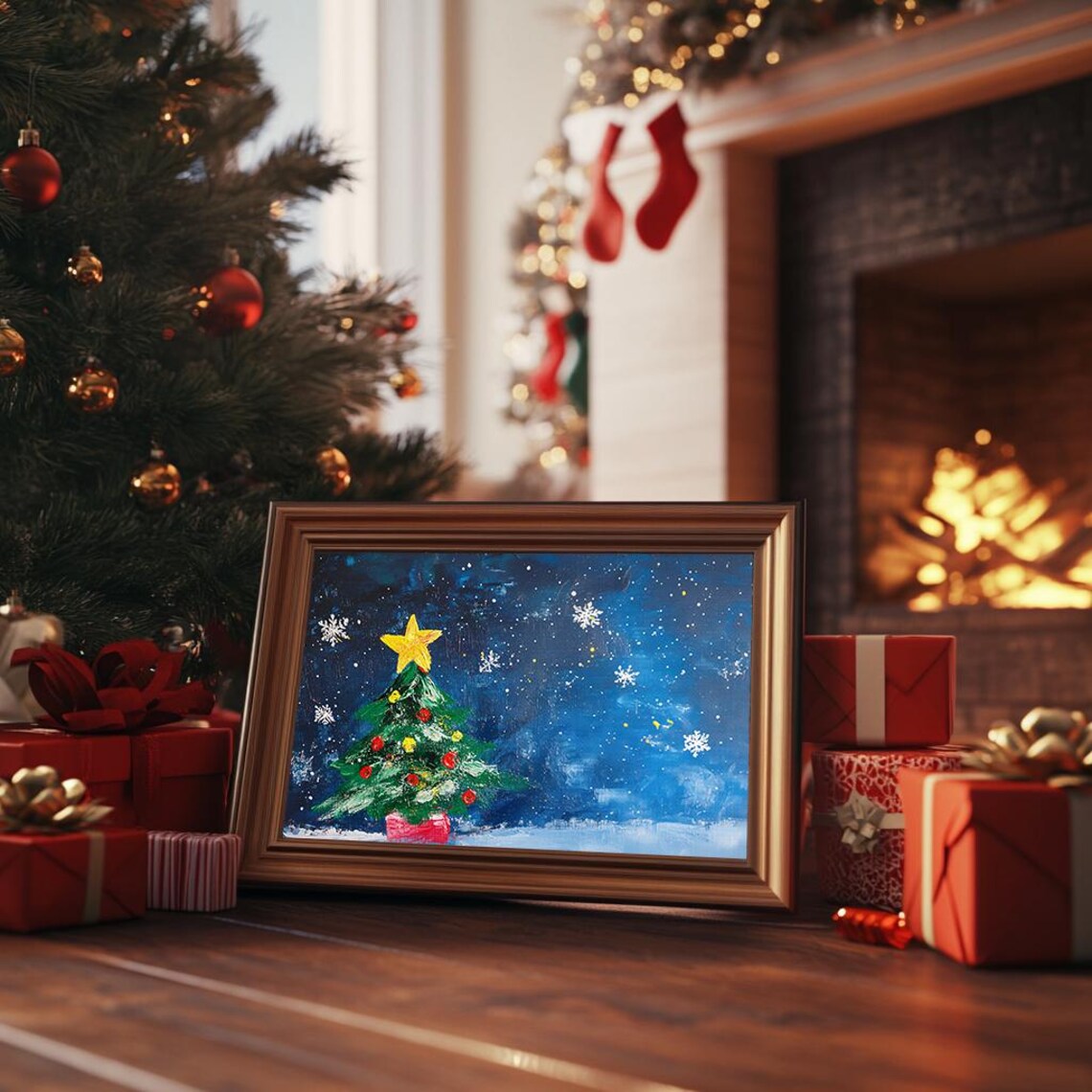 Christmas Tree Painting Starry Night Holiday Wall Art Festive Winter Decor Whimsical Artwork Instant Ls - Image 3