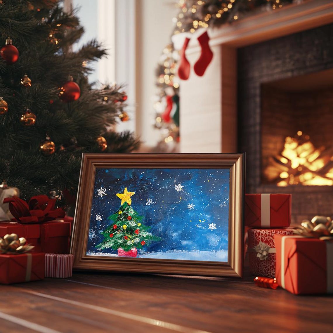 Painted Christmas Tree Under Starry Night Snowflakes Winter Poster - Image 3