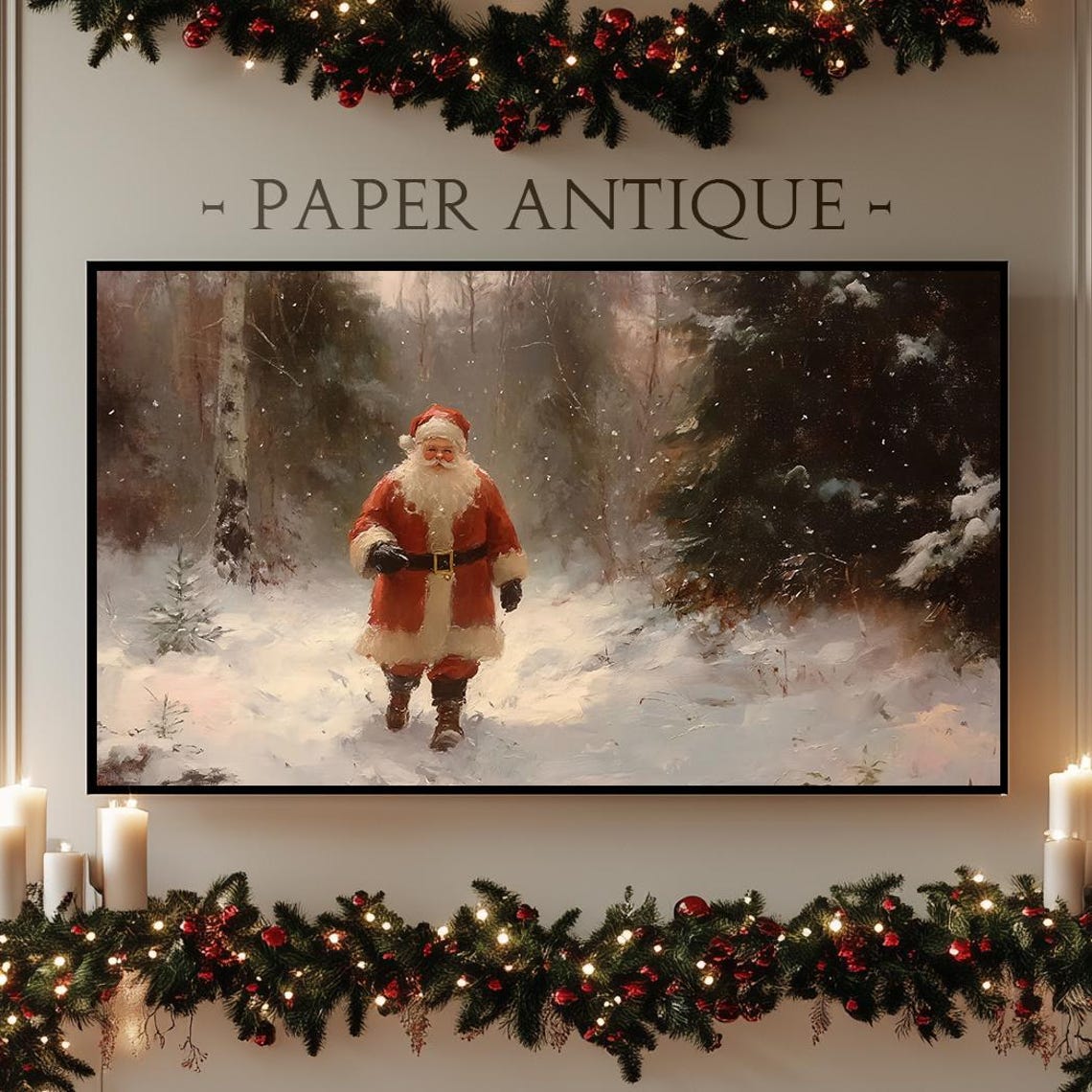 Santa Claus Walking Through Snowy Pine Forest Vintage Art Poster