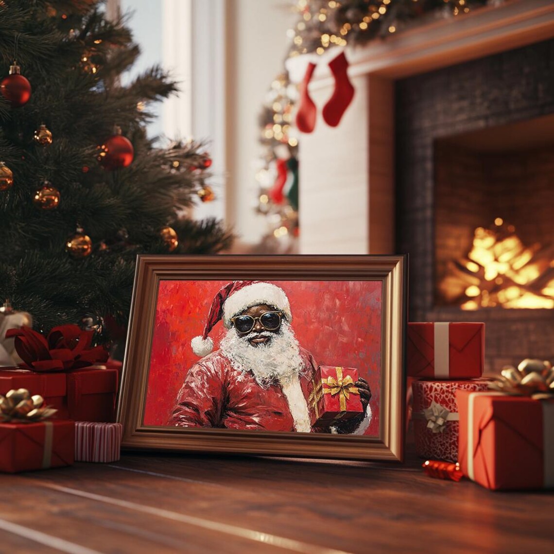Cool Black Santa with Sunglasses Holding Gift Bold Red Painting Poster - Image 3