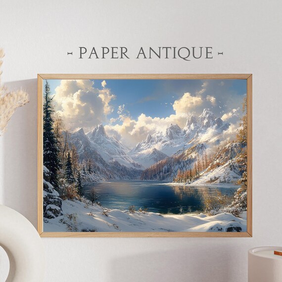 Winter Mountain Landscape Snowy Lake And Peaks Oil Painting Poster