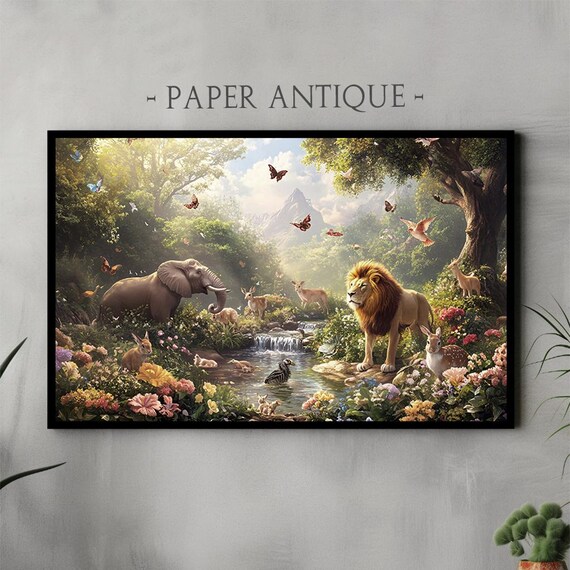 Wildlife Paradise Lion Elephant Waterfall Lush Jungle Garden Poster