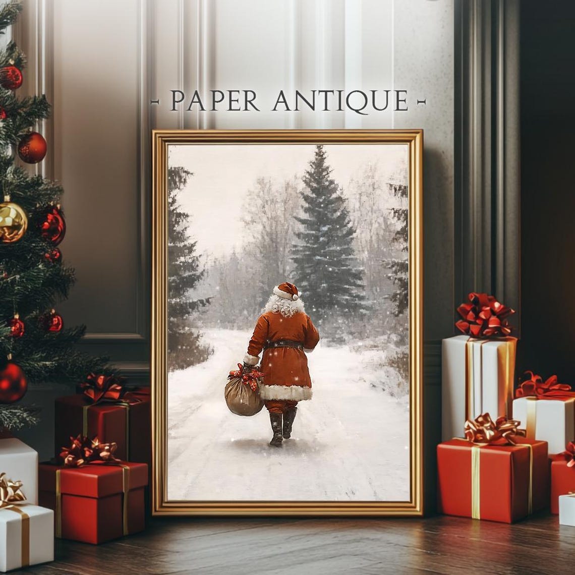 Santa Claus with Gift Sack Walking Through Snowy Forest Poster