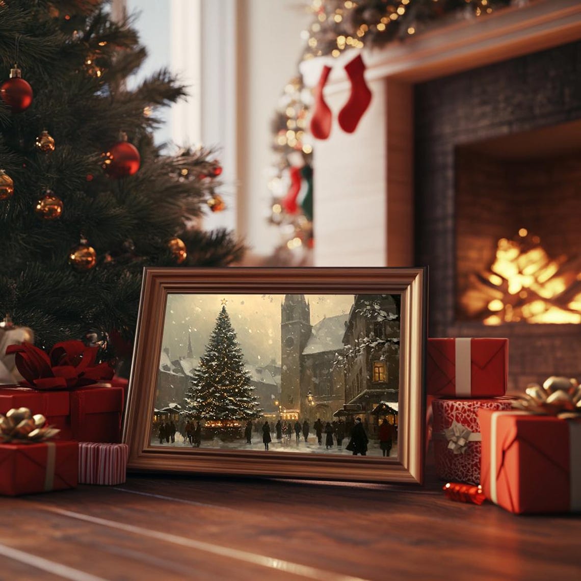 Christmas Market Lit Tree Dusk Snowfall Vintage Holiday Poster - Image 3