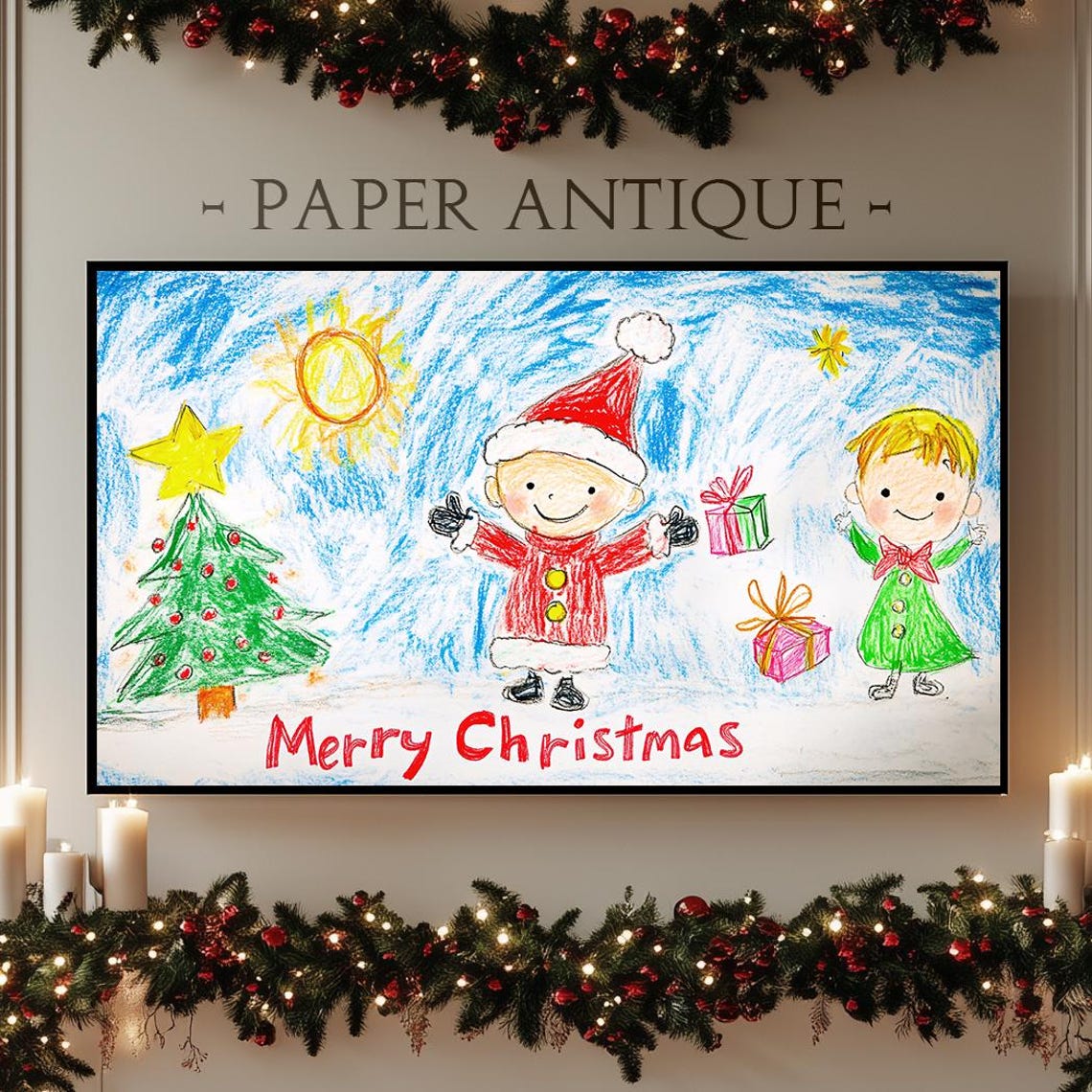 Merry Christmas Kids Crayon Drawing Colorful Holiday Scene Poster