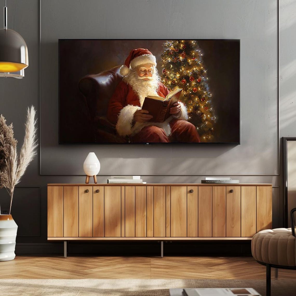 Santa Claus Reading By Christmas Tree In Leather Chair Holiday Poster - Image 4