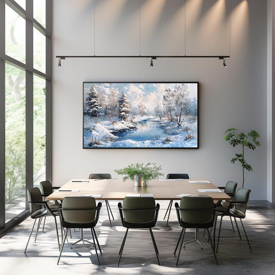 Frozen Blue River among Snowy Trees Winter Impasto Art Poster - Image 3
