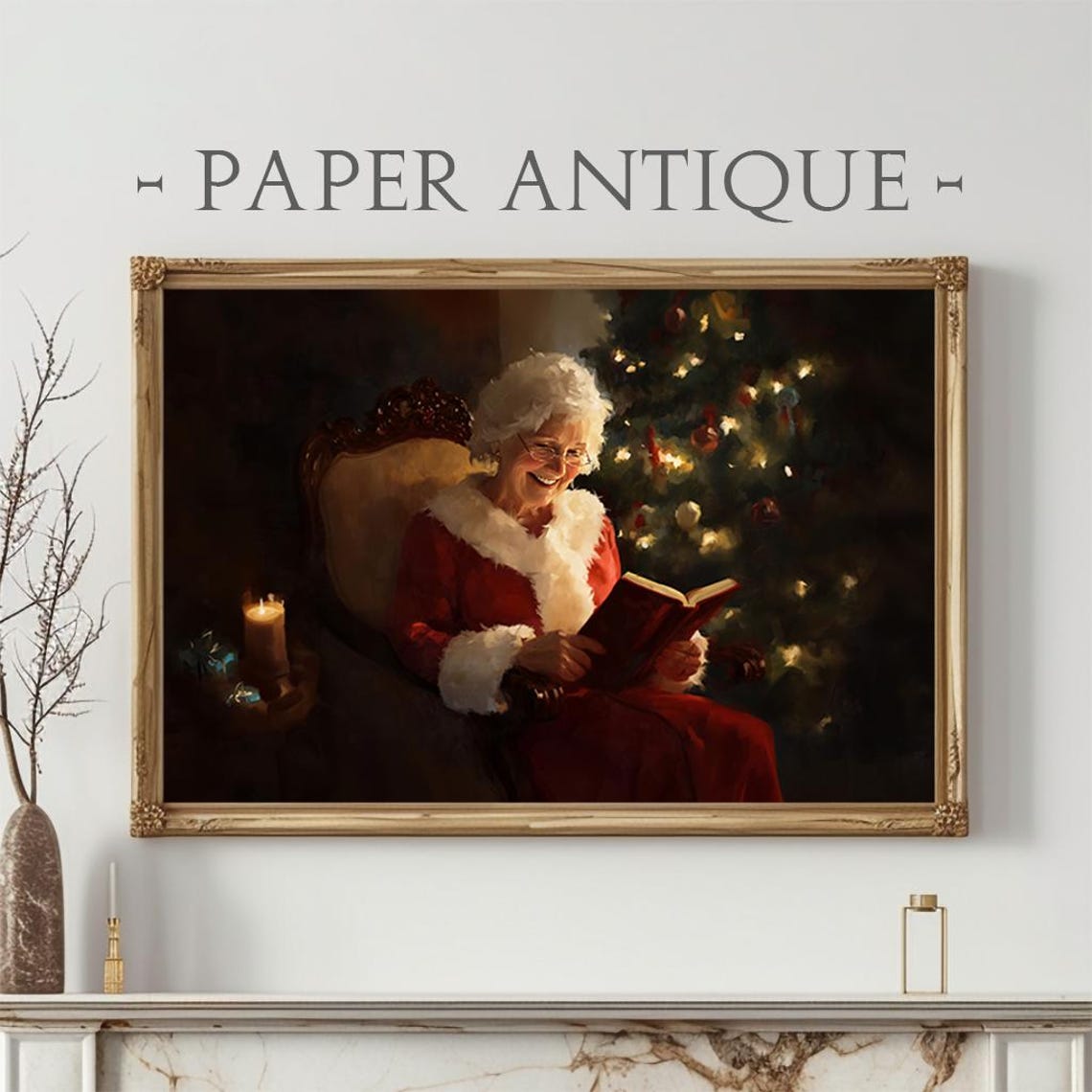 Mrs Claus Reading Book Cozy Christmas Painting Vintage Poster