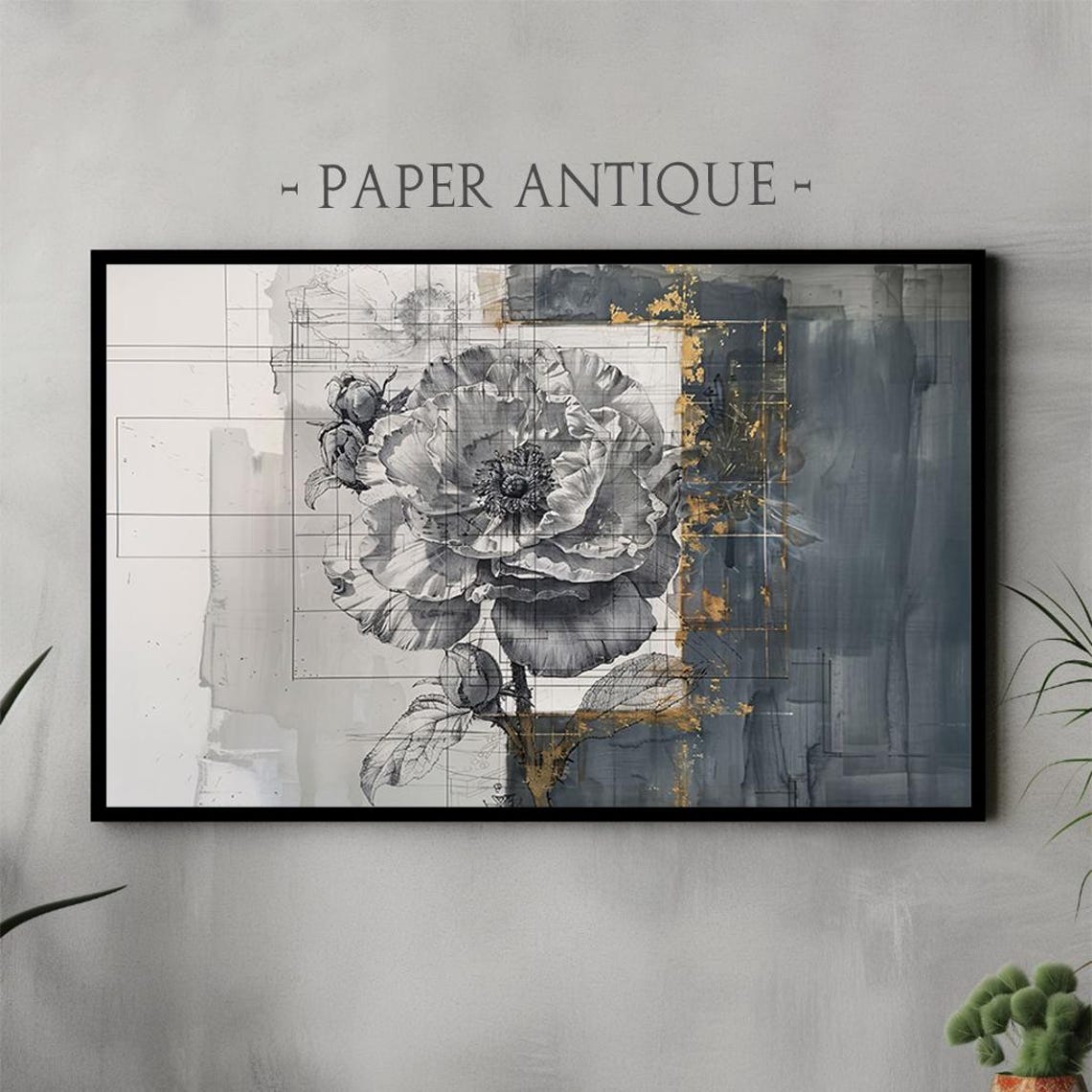 Gray Peony Sketch Abstract Botanical Modern Vintage Art Poster