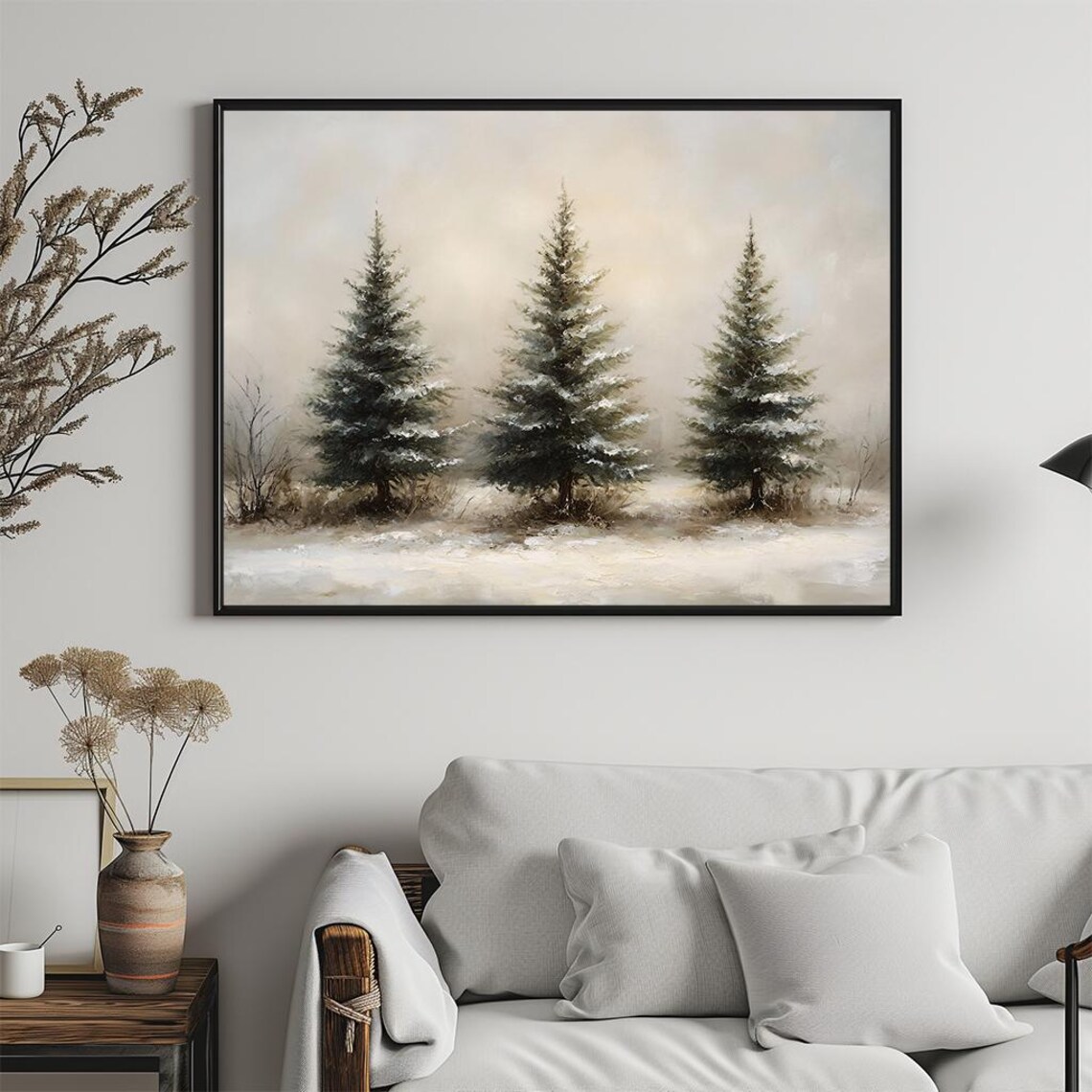 Three Snowy Pine Trees in Misty Winter Field Minimalist Painting Poster - Image 5