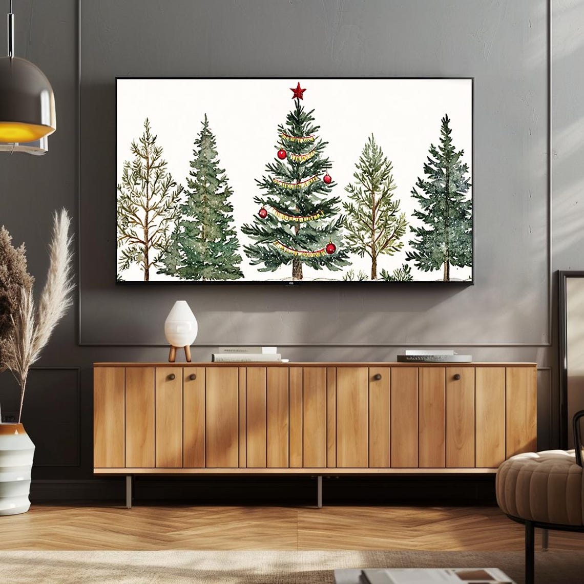 Christmas Tree Forest Watercolor Red Star Holiday Art Poster - Image 4