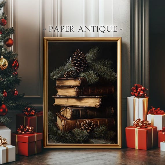 Vintage Stacked Books With Pinecones Rustic Holiday Decor Oil Painting Dark Academia Wall Art Print Pt