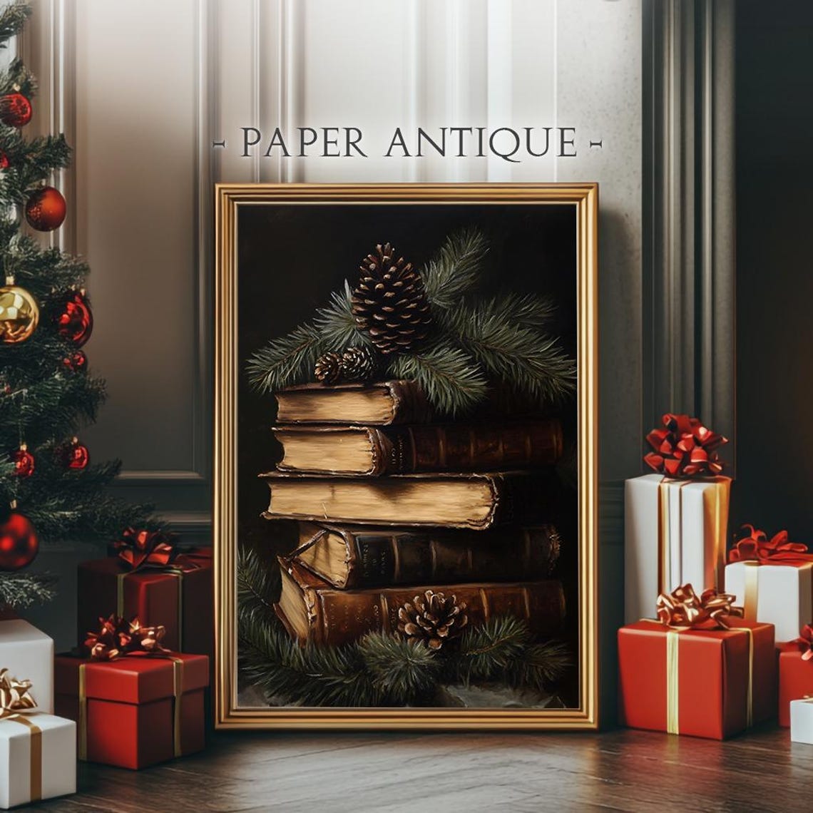 Stacked Vintage Books With Pinecones Rustic Holiday Painting Poster