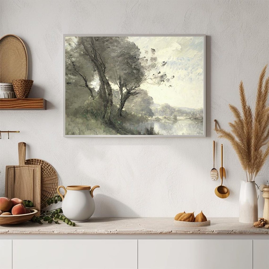 Peaceful Riverbank Trees Misty Water Morning Light Painting Poster - Image 4