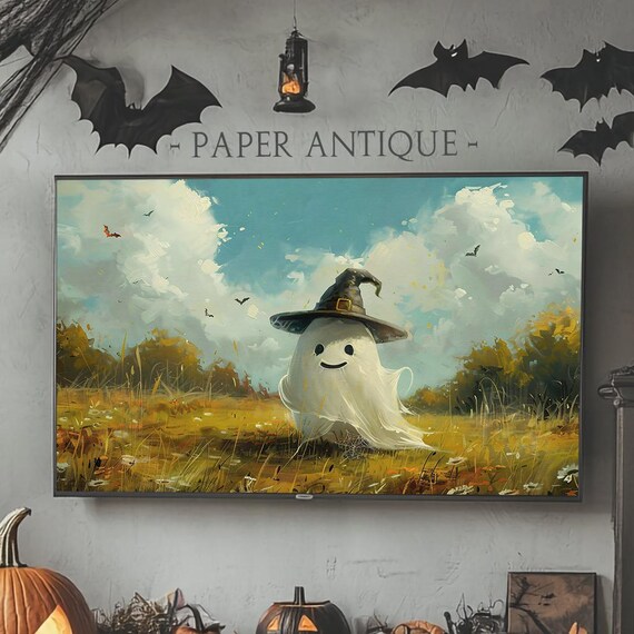 Cute Ghost Witch Hat Autumn Field Bats Whimsical Halloween Poster