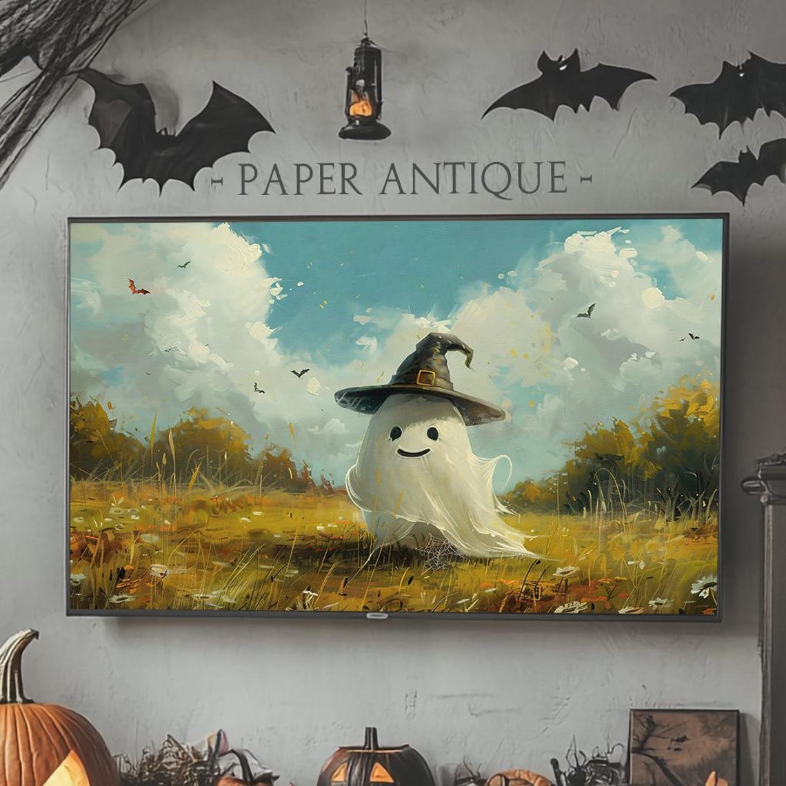 Cute Ghost Witch Hat Autumn Field Bats Whimsical Halloween Poster